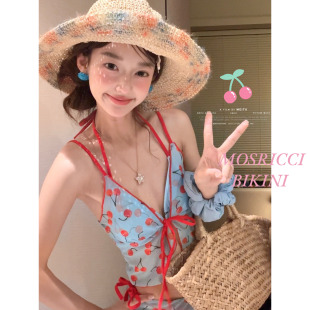 泰国少女樱桃吊带四件套保守分体泳衣女比基尼小清新水上乐园裙式