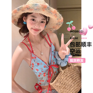 泰国少女樱桃吊带四件套保守分体泳衣女比基尼小清新水上乐园裙式