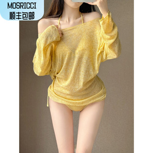 mosricci纯欲套头衫长袖针织防晒遮肉比基尼分体泳衣女沙滩度假