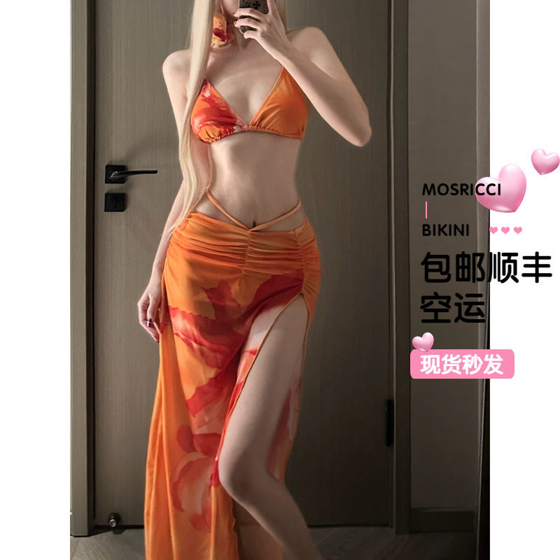 泰国巴厘岛三亚泳衣女欧美新款性感裙式比基尼三件套长裙绑带纱裙