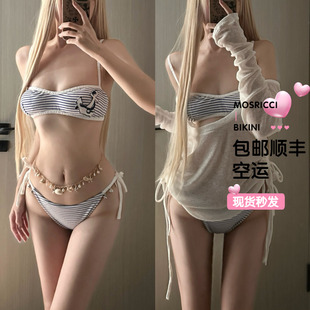 辣妹条纹海军风度假比基尼性感纯欲宽松罩衫 慵懒海边沙滩美背泰国