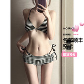 欧美十字架性感酷辣超帅比基尼三件套平角裤 黑白针织沙滩度假Y2K