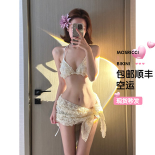 立体花朵高档欧美分体泳衣女比基尼三件套小胸裹裙性感纯欲少女