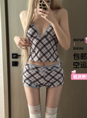 韩国ins格子分体泳衣女
