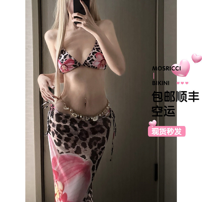 豹纹热带花妩媚野性比基尼三角性感包臀长裙网纱分体泳衣欧美度假