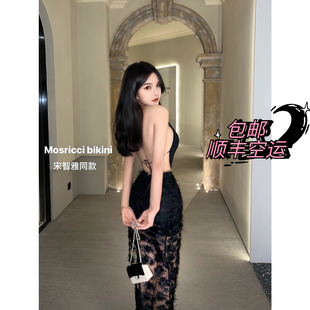 宋智雅同款 连体泳衣女链条小香风欧美性感大露背开叉长裙两件套