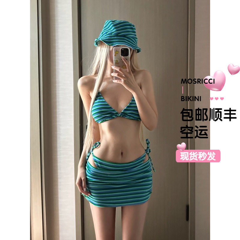 欧美泰国毛巾条纹性感冲浪海边度假分体泳衣女比基尼裙式遮肉帽子