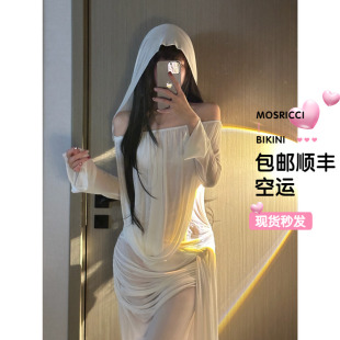 纯欲性感白色女神长裙一字肩分体泳衣女比基尼沙滩度假透视高级