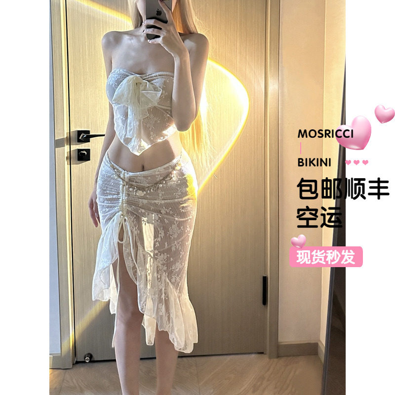 泰国性感比基尼分体泳衣女纯欲辣妹度假沙滩温泉荷叶边长裙抹胸