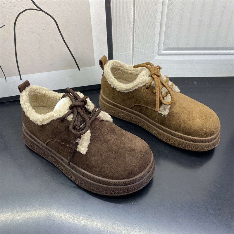 2025年冬季新款真皮女鞋工厂货圆头厚底防滑保暖休闲系带女勃肯鞋