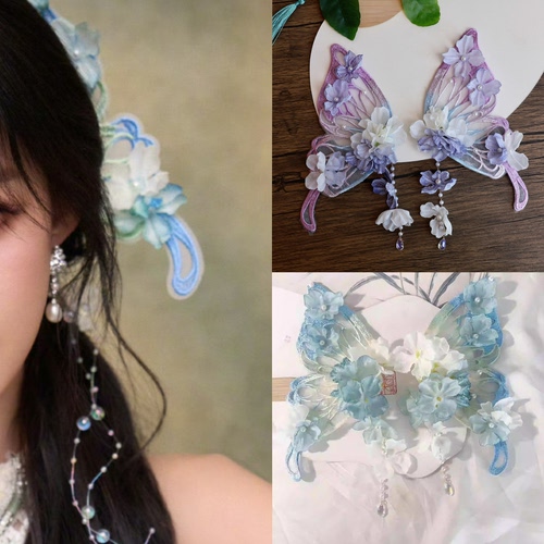 浪姐7孙怡同款蓝色蝴蝶发夹超仙古风花朵汉服古装公主风头饰簪花
