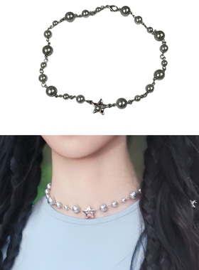 田曦薇同款灰色仿珍珠项链2026新款五角星星吊坠锁骨链轻奢毛衣链