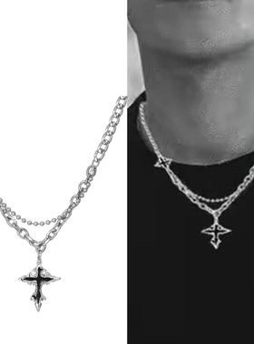 王嘉尔同款黑色十字架项链男轻奢小众高级感潮牌颈链新款毛衣链女