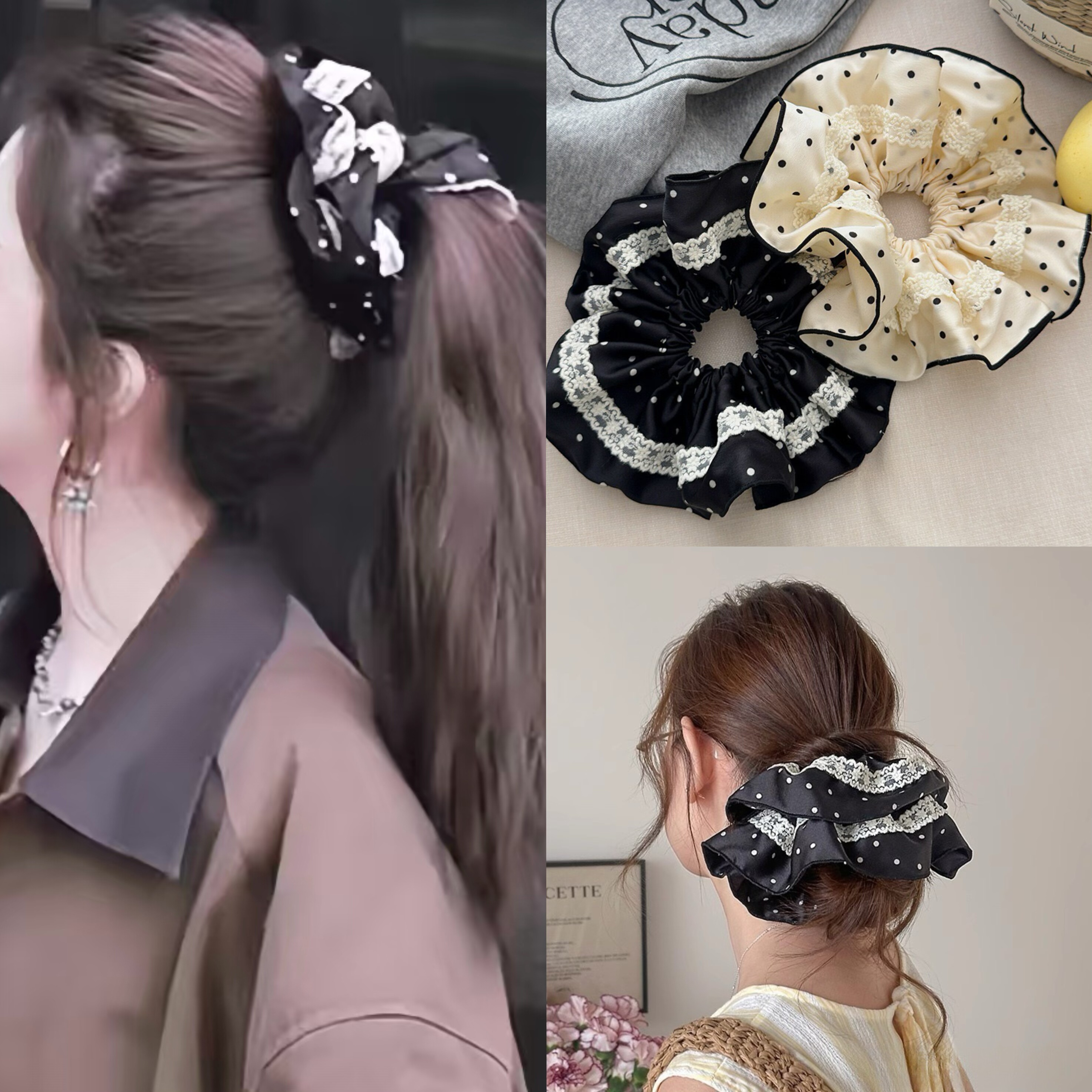 谭松韵同款发圈女黑色碎花蕾丝大肠圈韩系高马尾丸子头扎头发皮筋