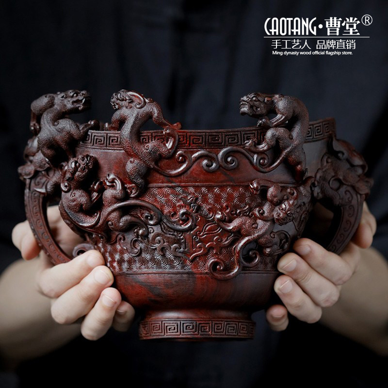 印度小叶紫檀九龙戏珠大爵杯摆件中式实木雕刻瑞兽神兽红木工艺品