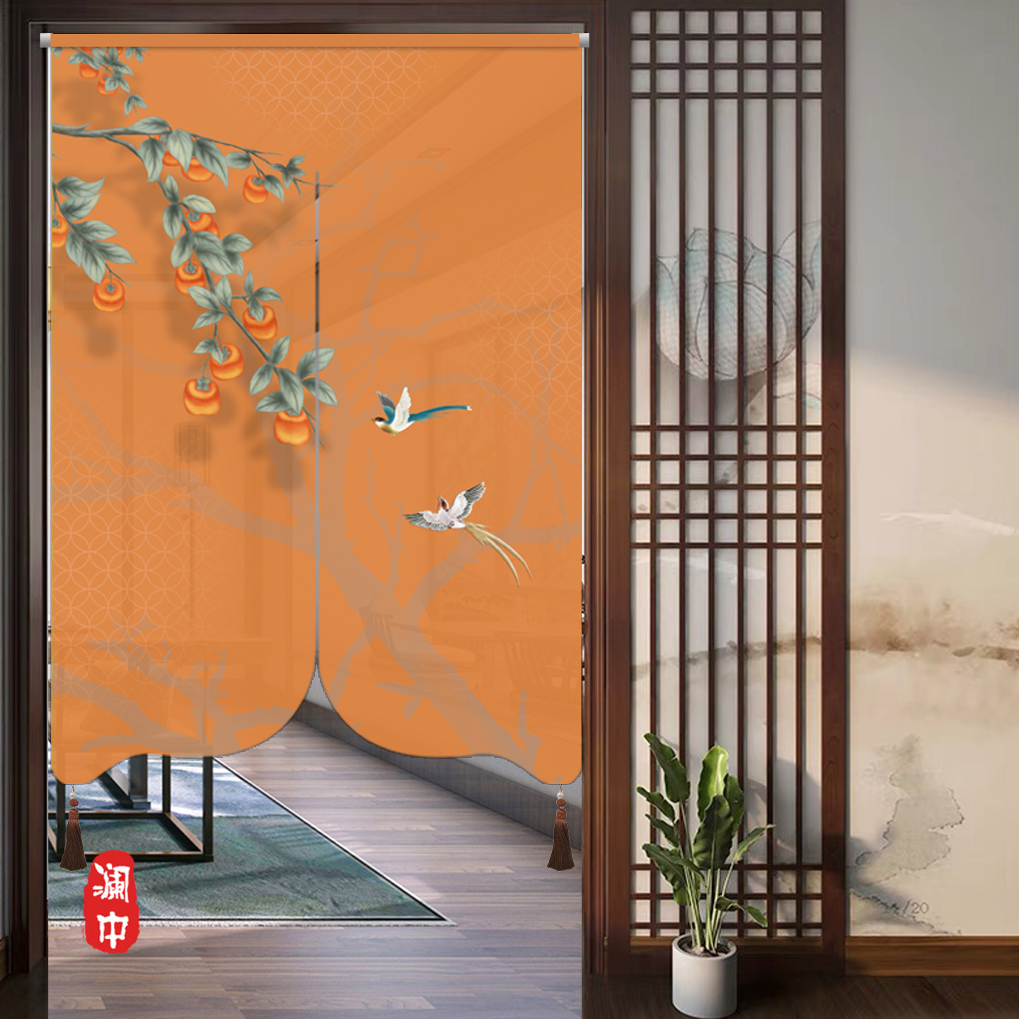 新中式门帘隔断帘入户卧室家用遮挡帘喜庆挡风风水化解薄纱半帘子