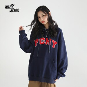 潮流高校PCMY美式基础印花套头帽衫情侣校园街头嘻哈宽松卫衣外套