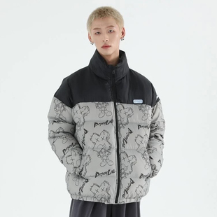 PCMY潮牌冬季满印叉叉人拼接羽绒服加厚保暖保暖90白鸭绒羽绒外套