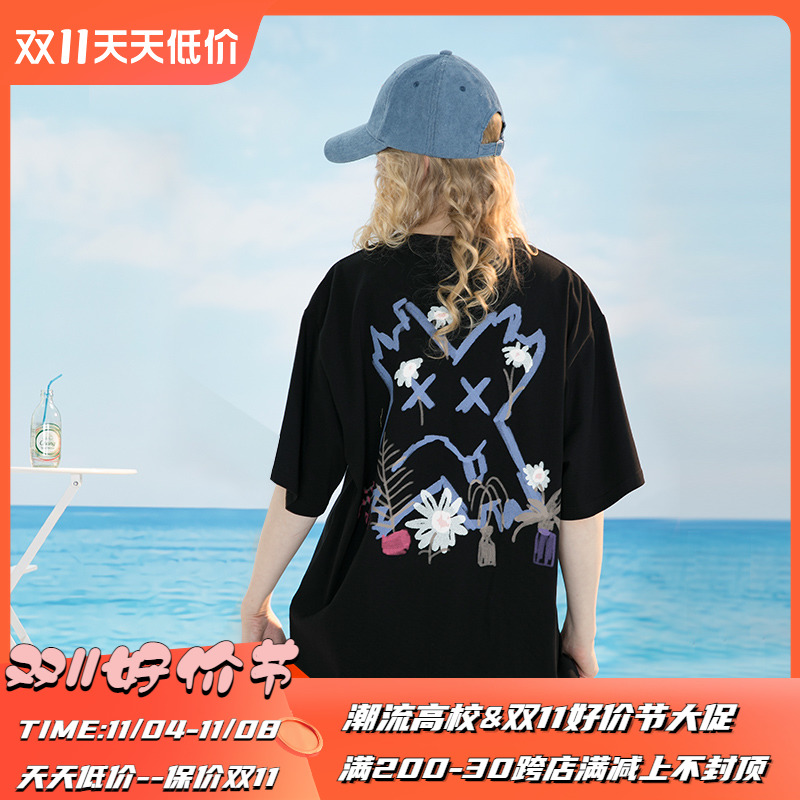 潮流高校 PCMY潮牌夏季花卉叉叉涂鸦短袖男女bf风嘻哈宽松情侣T恤