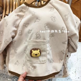 儿童条绒加绒罩衣倒褂上衣秋冬装 外套男女宝宝防脏围裙反穿衣 新款