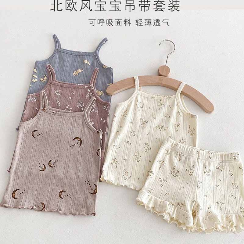 儿童吊带背心套装夏季新款男女宝宝碎花透气纯棉空调服家居两件套