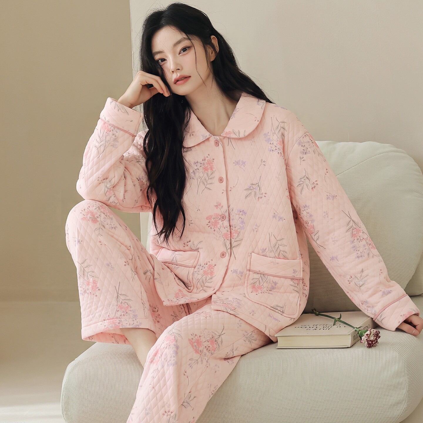 浪莎女士纯棉家居服加厚保暖套装