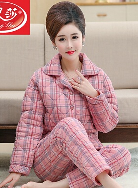 冬季中老年人妈妈睡衣女纯棉加厚三层夹棉袄秋冬加棉保暖全棉套装