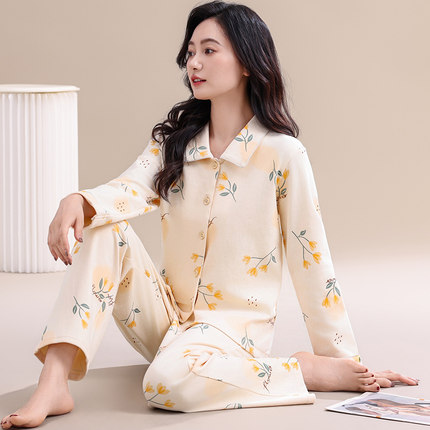 浪莎纯棉睡衣女2026年新款春秋款长袖套装妈妈秋冬大码薄款家居服