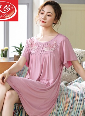 莫代尔睡衣女夏季薄款中年妈妈短袖睡裙夏天宽松加大码蕾丝中裙子