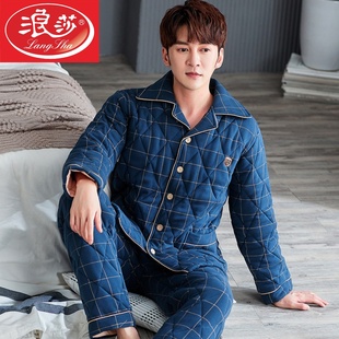 冬季男士睡衣秋冬款纯棉三层夹棉加厚加棉保暖中年爸爸家居服套装