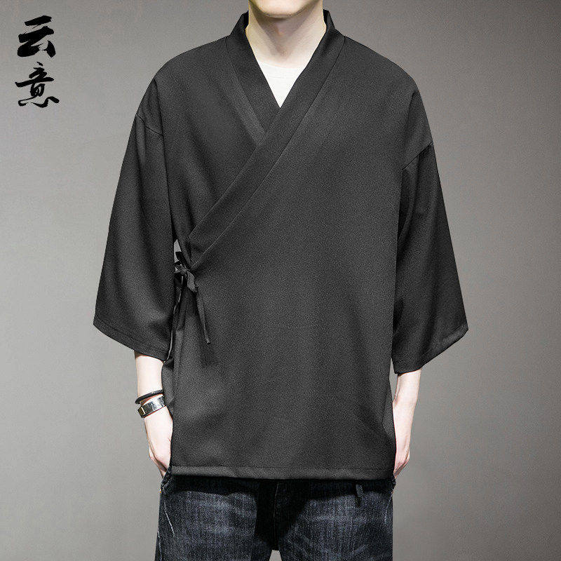 夏季中国风男款汉服 唐装复古茶服 长袖立领衬衫棉质道袍