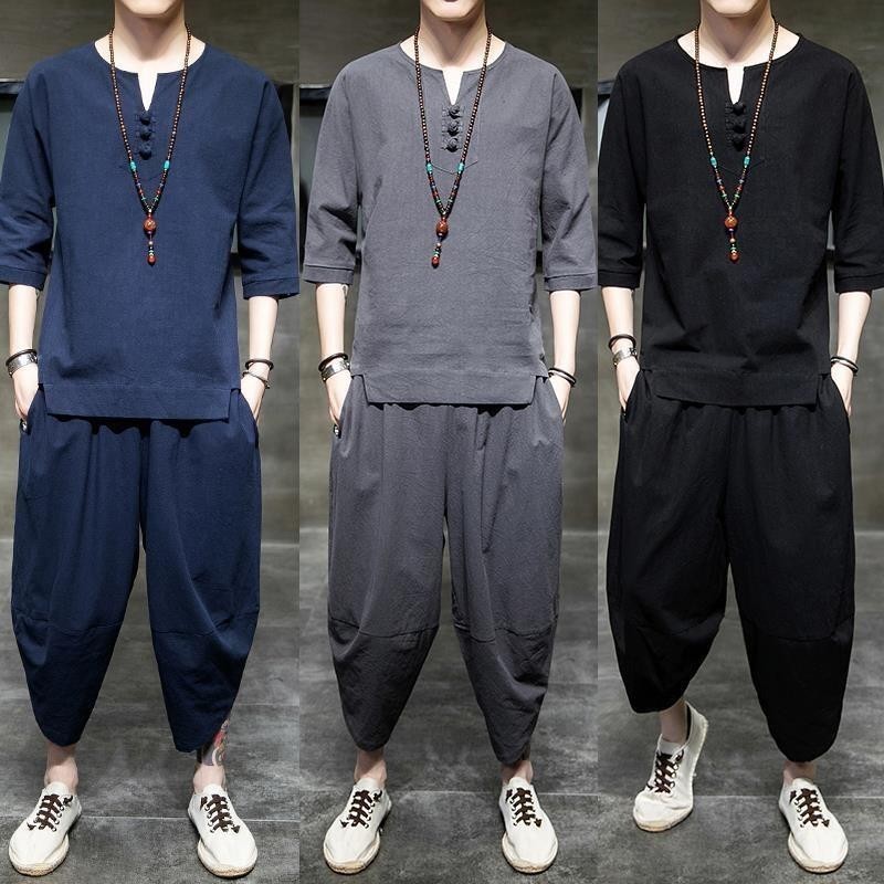 中国风短袖亚麻套装男唐装青年中山装禅服夏季棉麻汉服古风两件套
