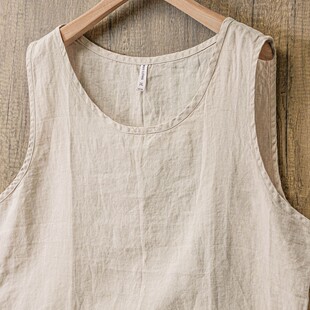 夏季轻薄透气卡其色纯亚麻坎肩短袖 中国风纯色简约清凉排汗背心