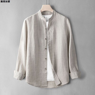 中式复古全亚麻长袖衬衫男士夏季薄款纯麻布料休闲衬衣纯色上衣服