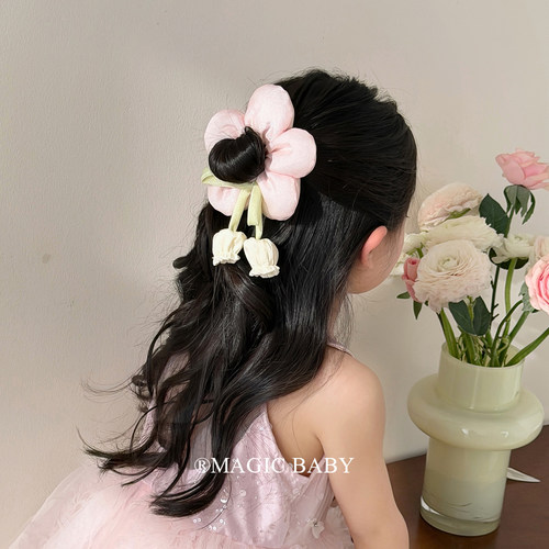 儿童粉色郁金香花朵大肠发圈女童甜美后脑勺丸子头发饰宝宝香蕉夹