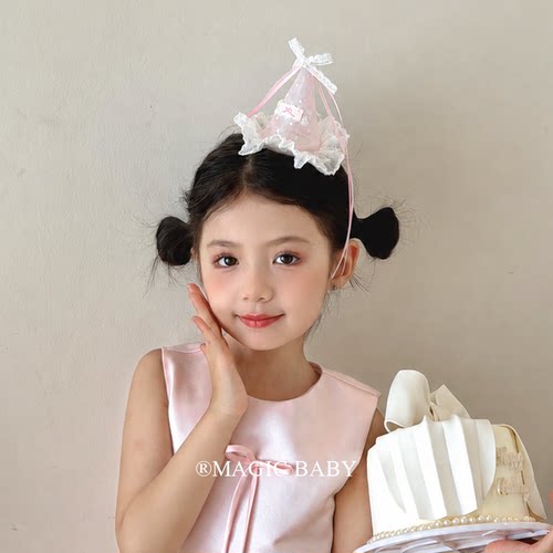 超仙粉色蕾丝波点网纱蝴蝶结生日帽发夹女童生日头饰派对拍照夹子