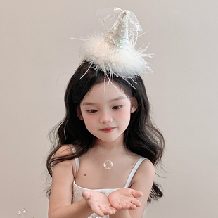 超仙白色羽毛生日帽发夹儿童公主风周岁派对头饰立体夹子拍照道具