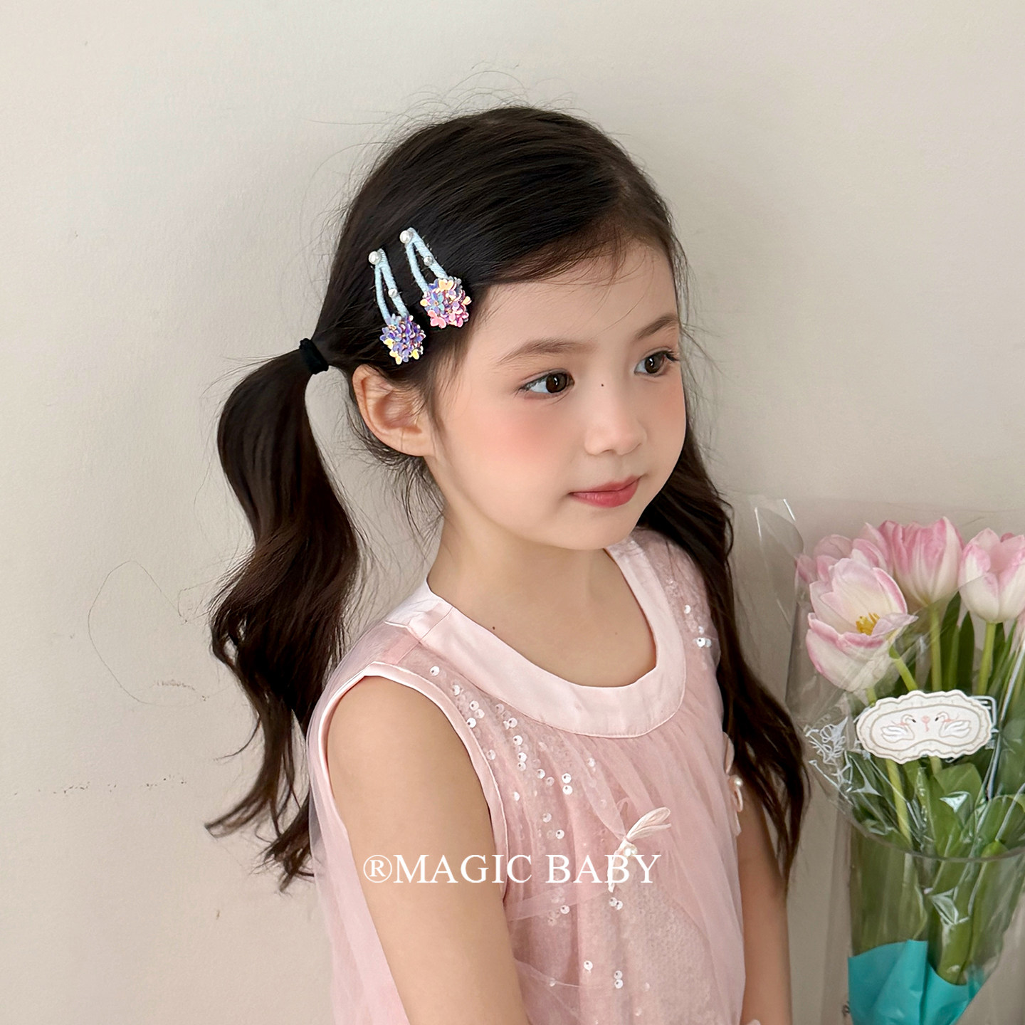 女童彩色炫彩花朵发夹儿童精致高级感夹子宝宝小号珍珠bb夹头饰