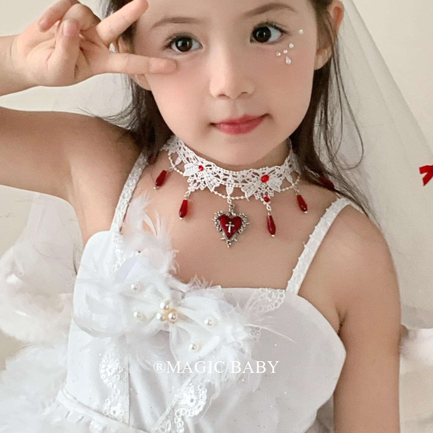 儿童万圣节爱心十字架白色蕾丝项链女童choker颈链万圣装扮配饰