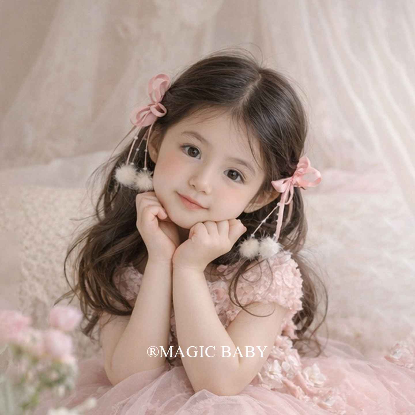 粉色毛球流苏蝴蝶结发夹甜美可爱女童夹子新年红色头饰马尾发卡