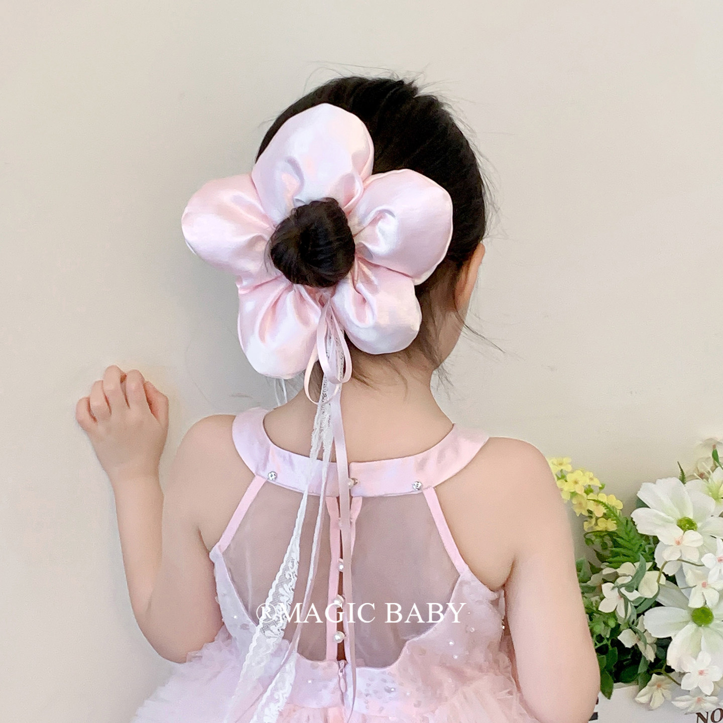 超仙粉色大号花朵发圈女童芭蕾风丸子头发绳填充棉发绳女童发饰