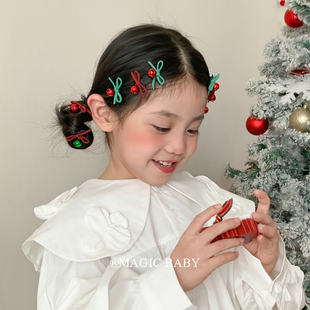 红绿色新年蝴蝶结铃铛发夹宝宝圣诞节发饰皮筋发圈圣诞小夹子头饰