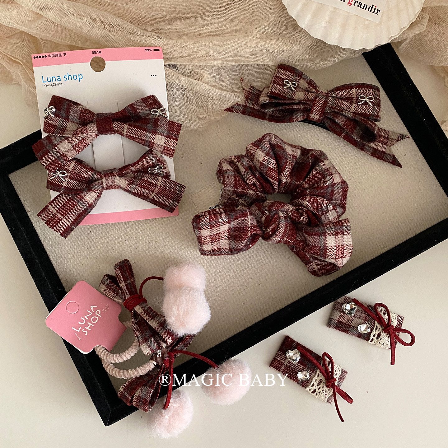 儿童过年复古格纹蝴蝶结发夹宝宝气质新年夹子头饰毛球发圈发绳,童装/婴儿装/亲子装,发饰,淘宝优惠券,粉丝福利购,淘宝优惠卷