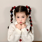 6个装 红色小号蝴蝶结毛球发圈儿童发绳女童新年头绳皮筋过年发饰