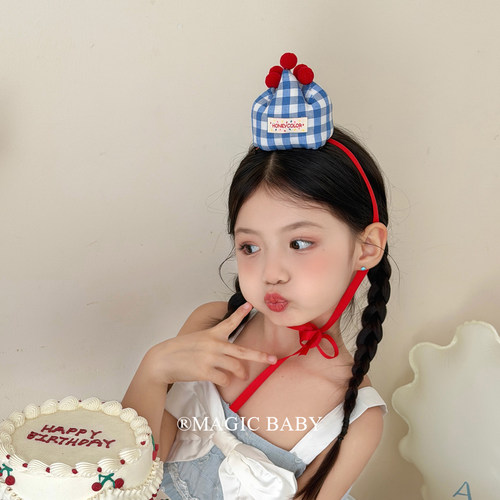 儿童韩系布艺格纹海绵皇冠生日帽绑带式生日头饰装扮宝宝拍照道具