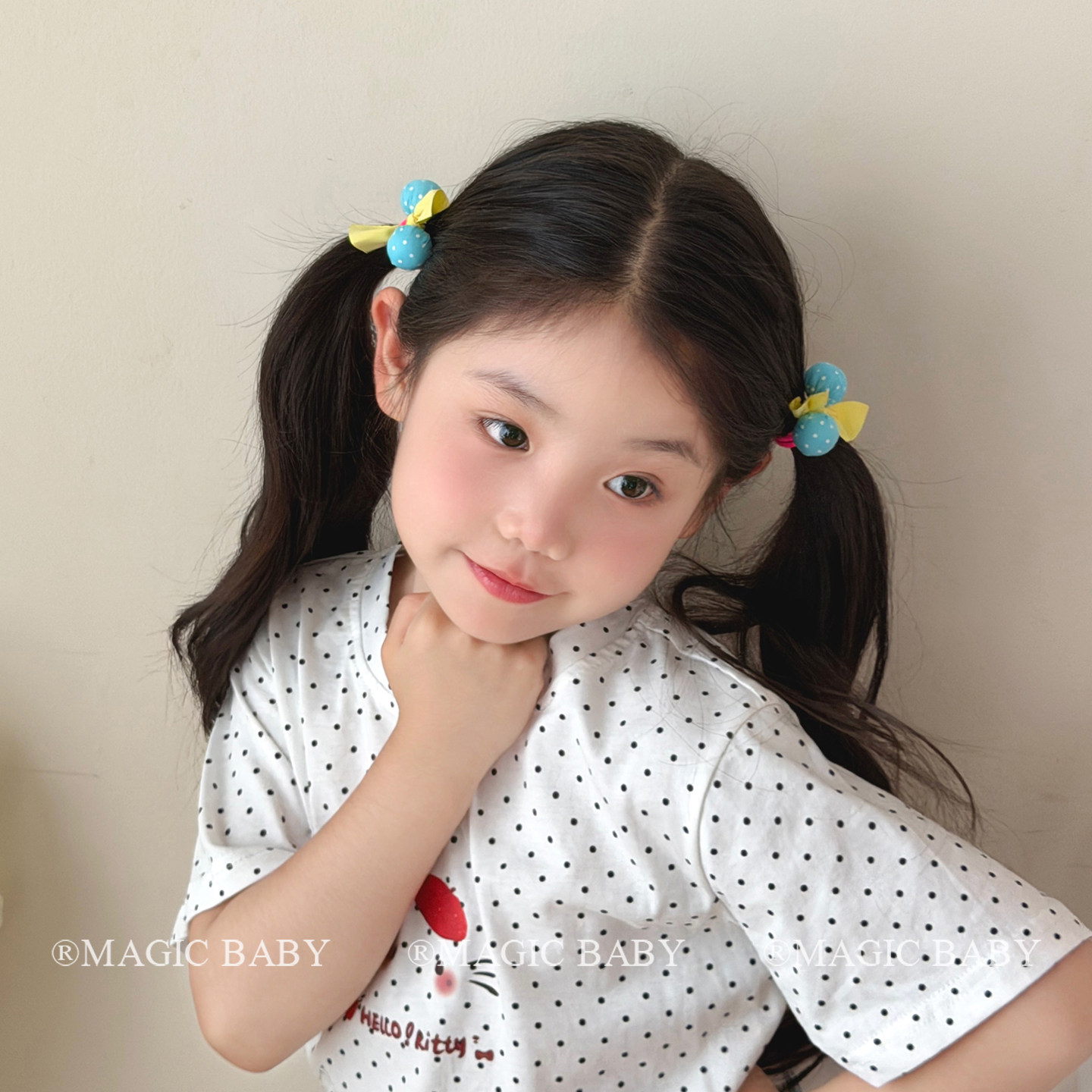 俏皮可爱蓝色波点小球球发圈女童头绳儿童扎小啾啾发绳漂亮头饰