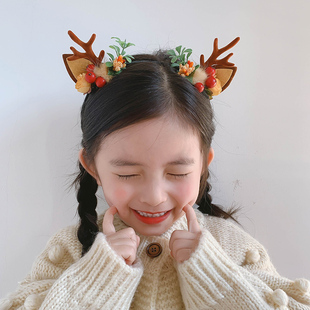 圣诞节鹿角头饰发箍森系毛球发卡儿童宝宝可爱女孩头箍圣诞装 饰品