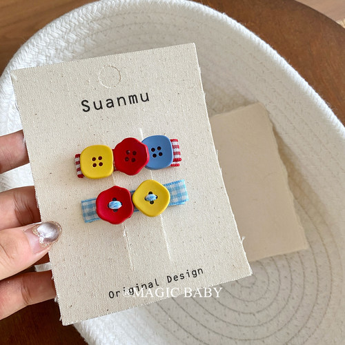 拼色红蓝格纹纽扣发夹甜美刘海夹