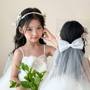 森系超仙花环头纱儿童蝴蝶结头饰花童生日花仙子发箍女公主发饰