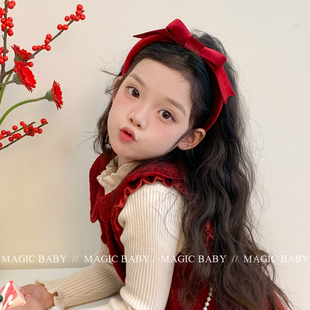 酒红色丝绒蝴蝶结发箍气质公主新年儿童头饰女童黑色头箍过年发卡